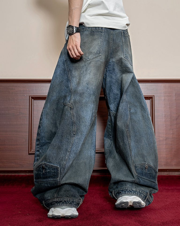 Washed Reverse-Waist Wide-Leg Jeans