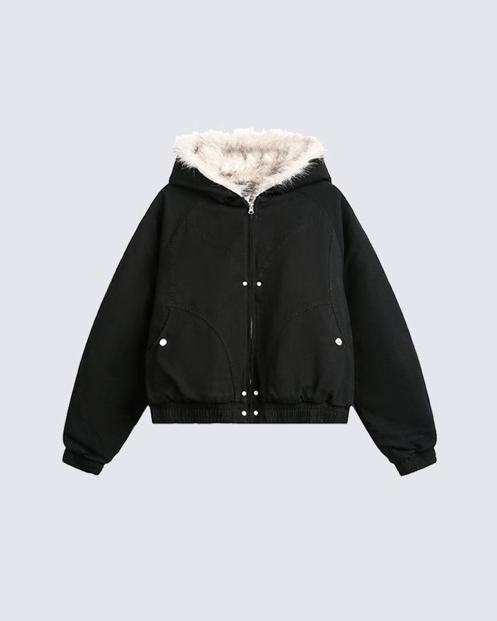 Structured Faux Fur Collar Padded Hooded Jacket
