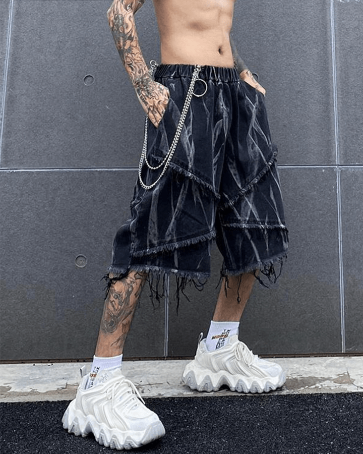 Distressed Black Denim Shorts with Abstract Print