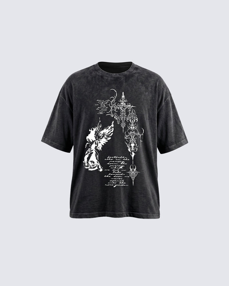 Grunge Angel & Script Graphic T-Shirt