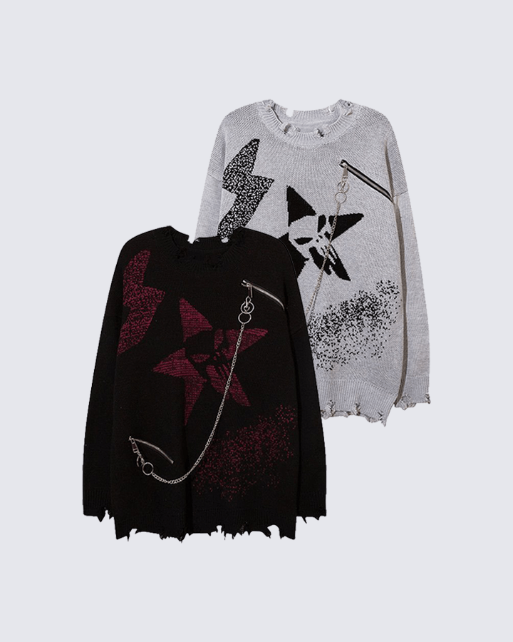 Punk Star Chain Distressed Knit Sweater