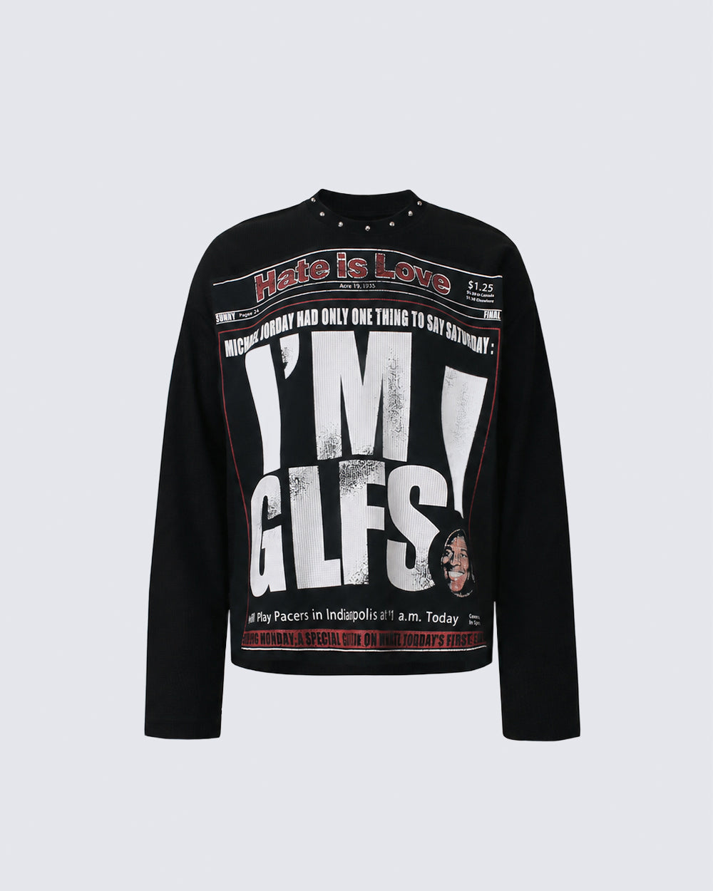 GRYFT Street Newspaper Graphic Studded Long-Sleeve T-Shirt