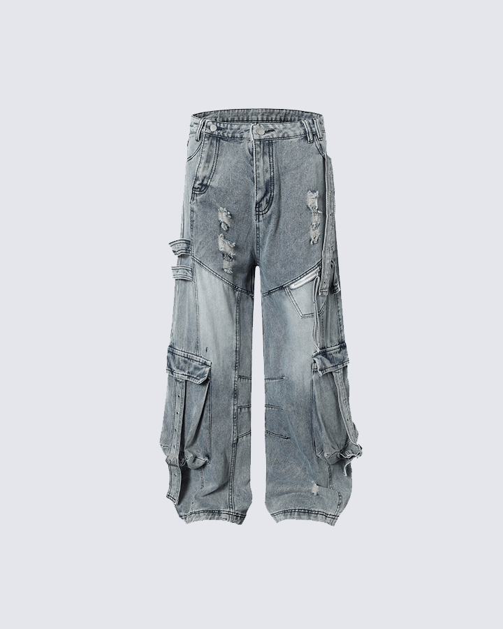 Distressed Denim Cargo Pants - Bold and Trendy