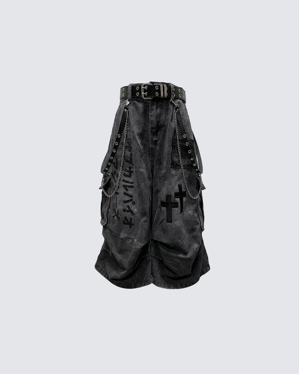 Gothic Chain Strap Denim Capri Pants