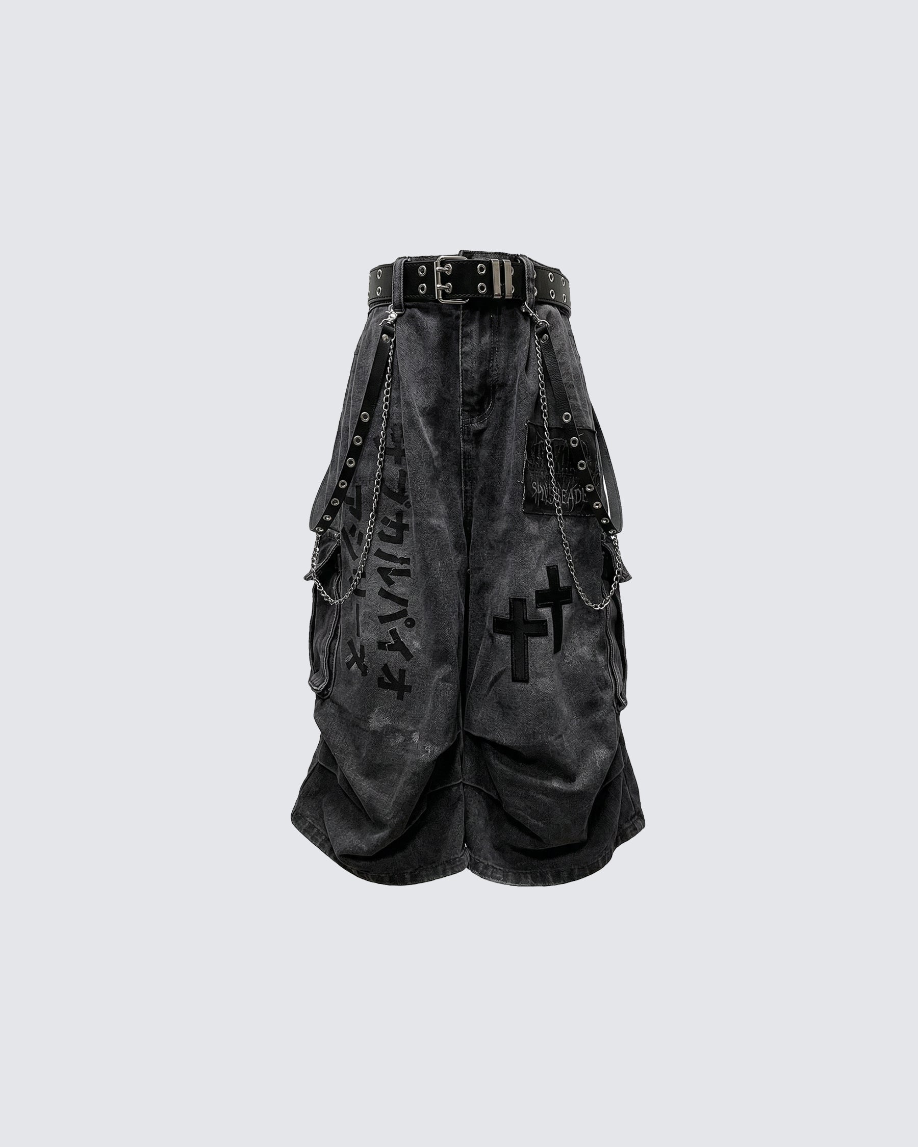 Gothic Chain Strap Denim Capri Pants