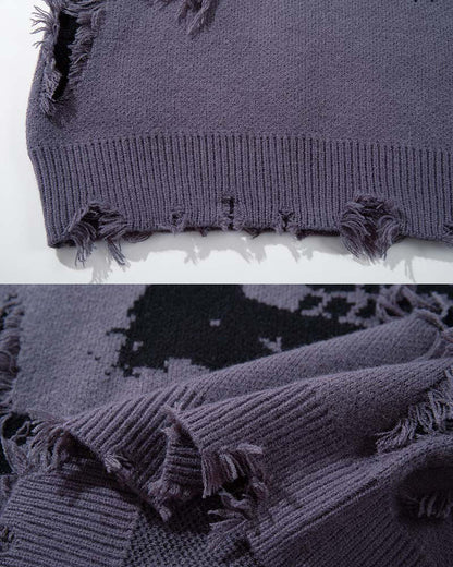 American Retro Skull Jacquard Raw-Edge Long-Sleeve Sweater