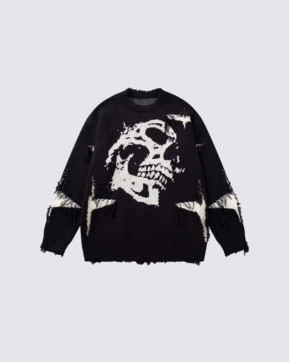 American Retro Skull Jacquard Raw-Edge Long-Sleeve Sweater