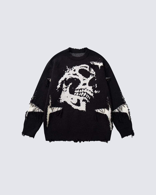 American Retro Skull Jacquard Raw-Edge Long-Sleeve Sweater
