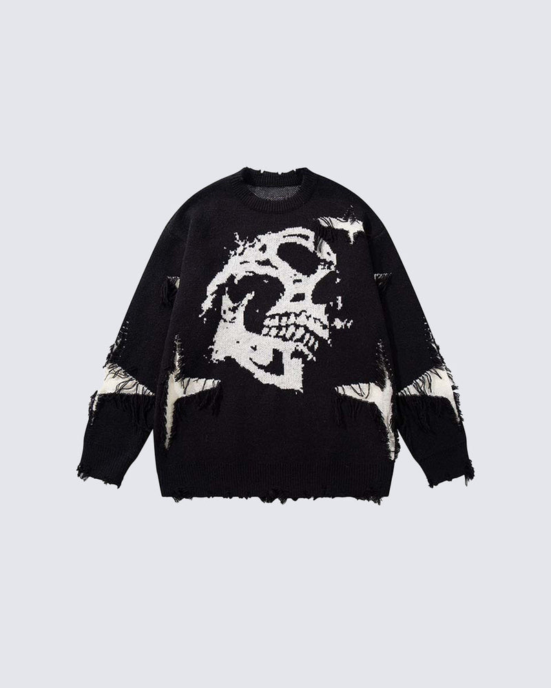 American Retro Skull Jacquard Raw-Edge Long-Sleeve Sweater