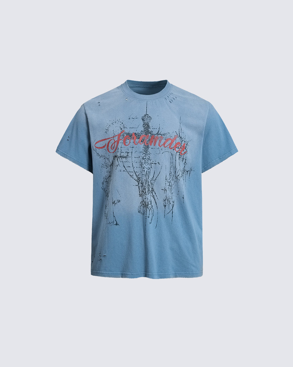 American-Style Distressed Short-Sleeved T-Shirt With Cross Design