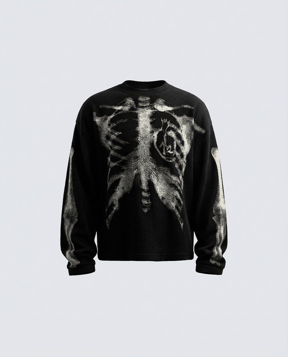 GRYFT Skull Print Waffle Long Sleeve T-Shirt