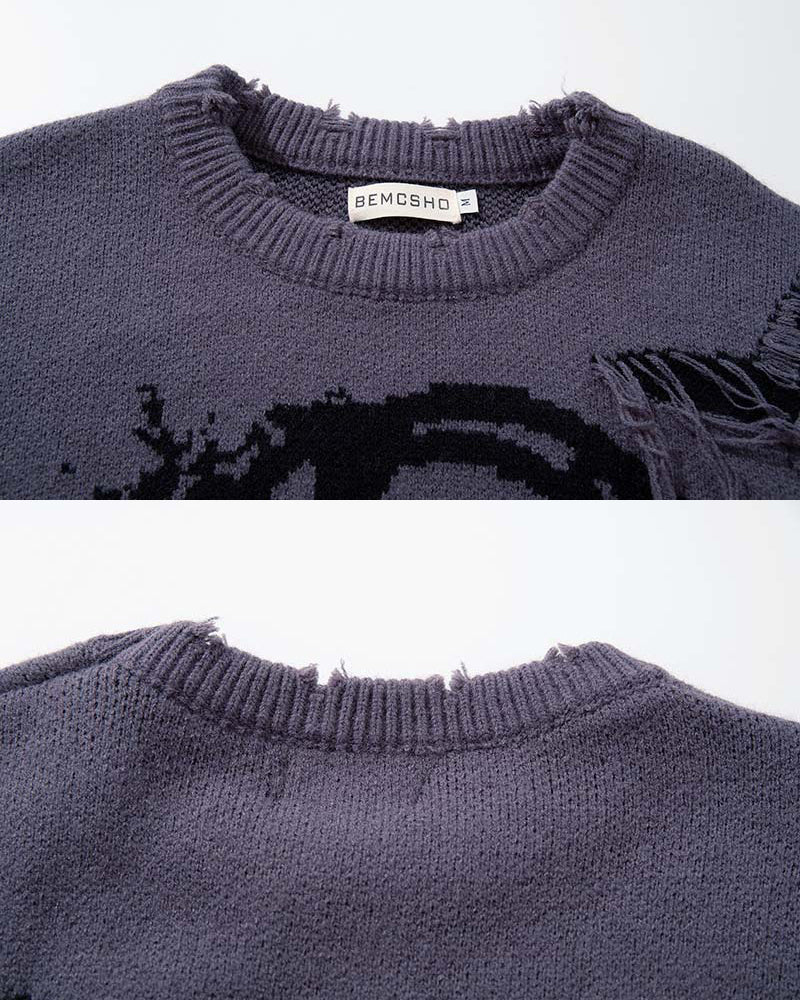 American Retro Skull Jacquard Raw-Edge Long-Sleeve Sweater