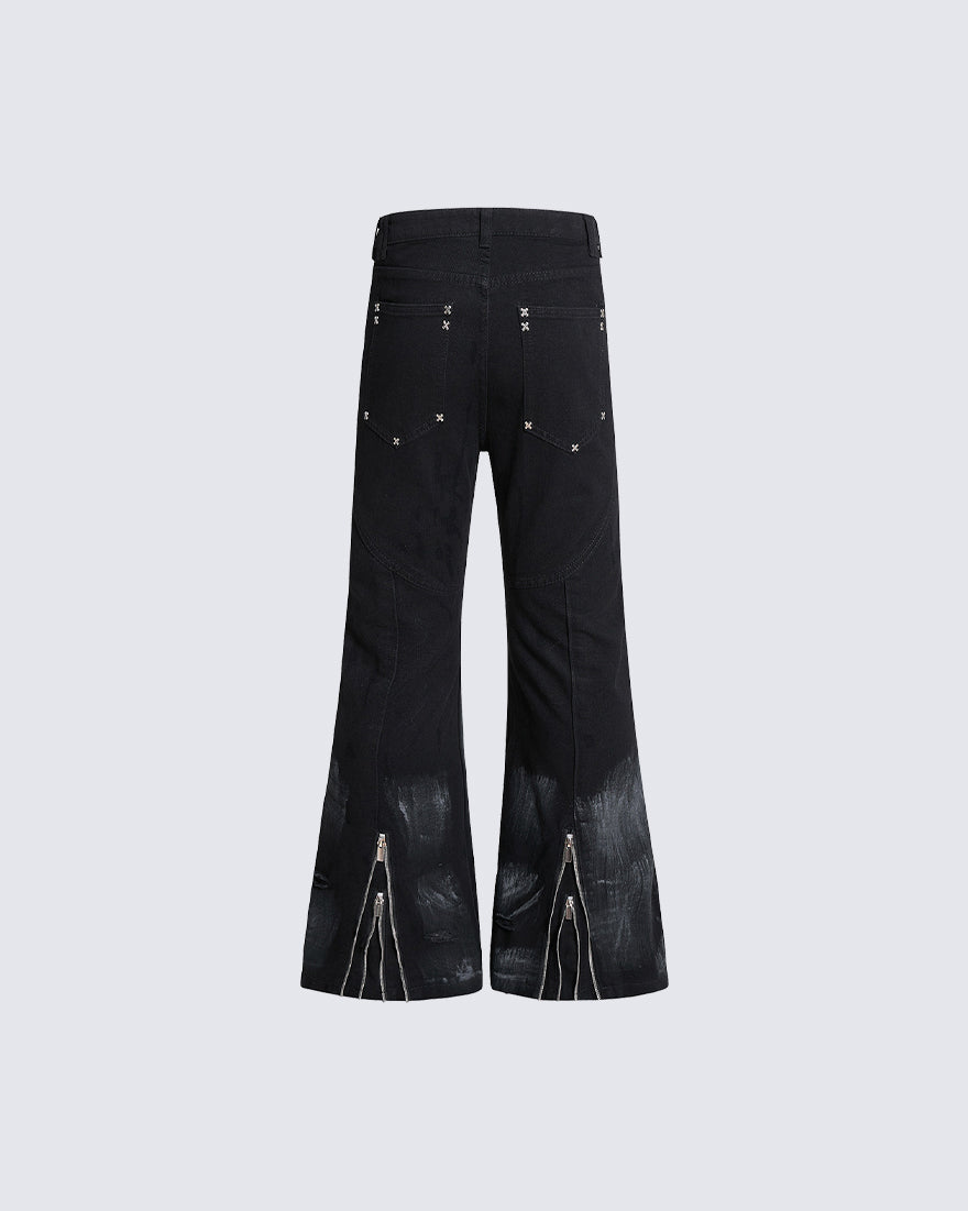 New Dark Gothic Punk Eyelet Zipper Flare Jeans