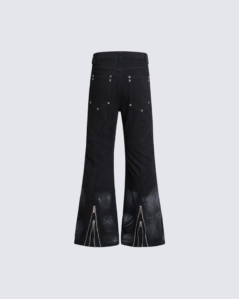 New Dark Gothic Punk Eyelet Zipper Flare Jeans