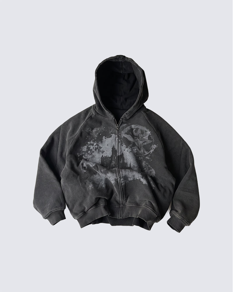 GRYFT Grunge Washed Graphic Oversized Zip Hoodie