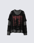GRYFT Two-Tone Raw Edge Patchwork Layered Long Sleeve Tee