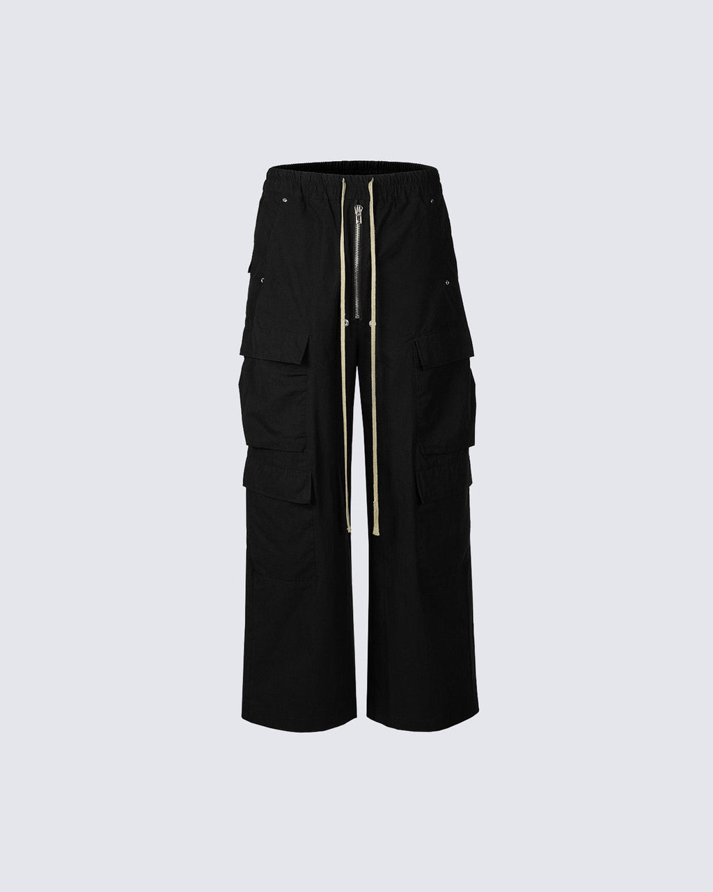 Black Wide-Leg Cargo Pants – Streetwear Baggy Trousers with Zipper & Drawstring