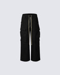 Black Wide-Leg Cargo Pants – Streetwear Baggy Trousers with Zipper & Drawstring