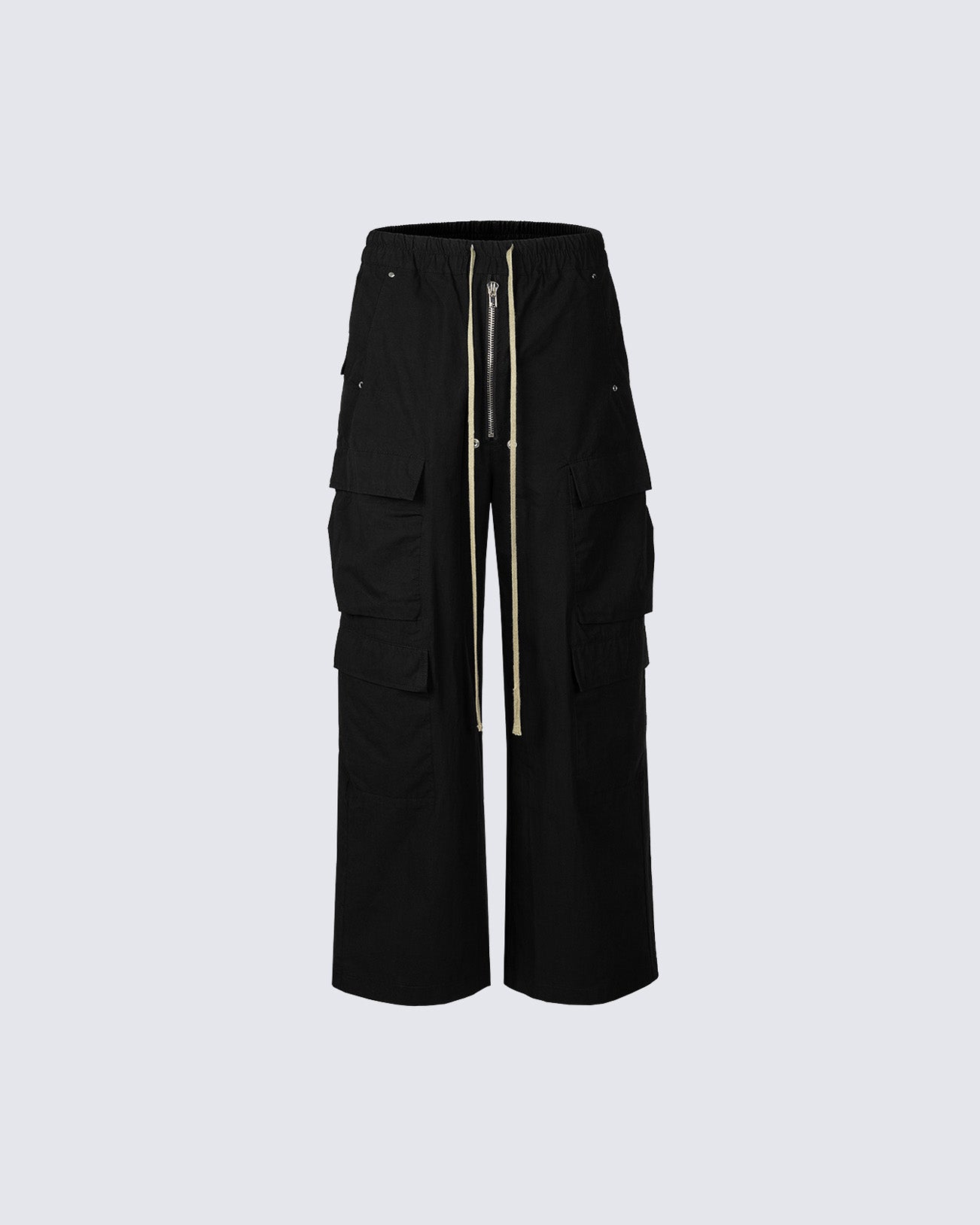 Black Wide-Leg Cargo Pants – Streetwear Baggy Trousers with Zipper & Drawstring