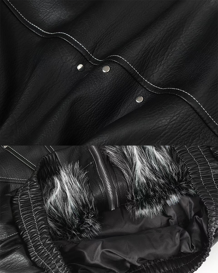 Faux Leather Hooded Jacket with Fur Trim