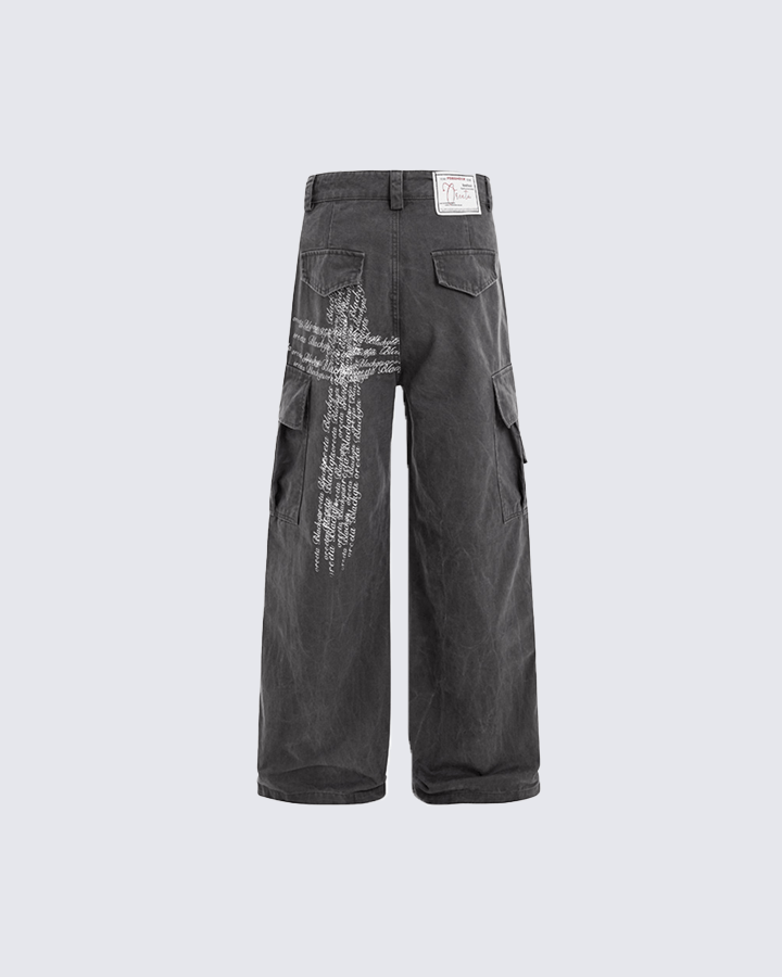 Cross Letter Print Wide-Leg Cargo Pants