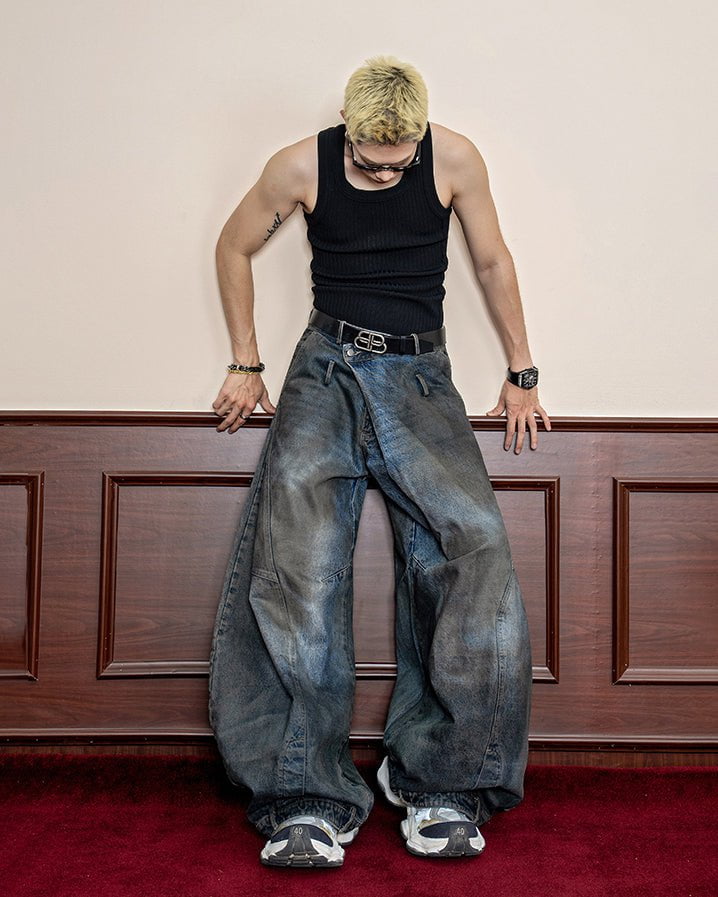 Washed Reverse-Waist Wide-Leg Jeans