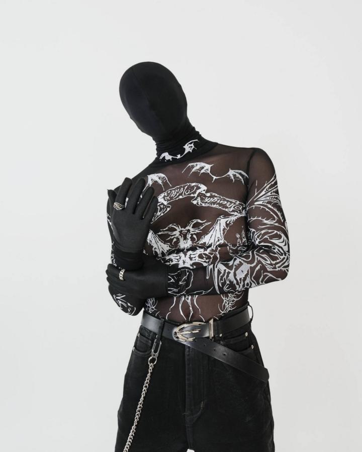 Gothic Mesh Long Sleeve Top with Graphic Print
