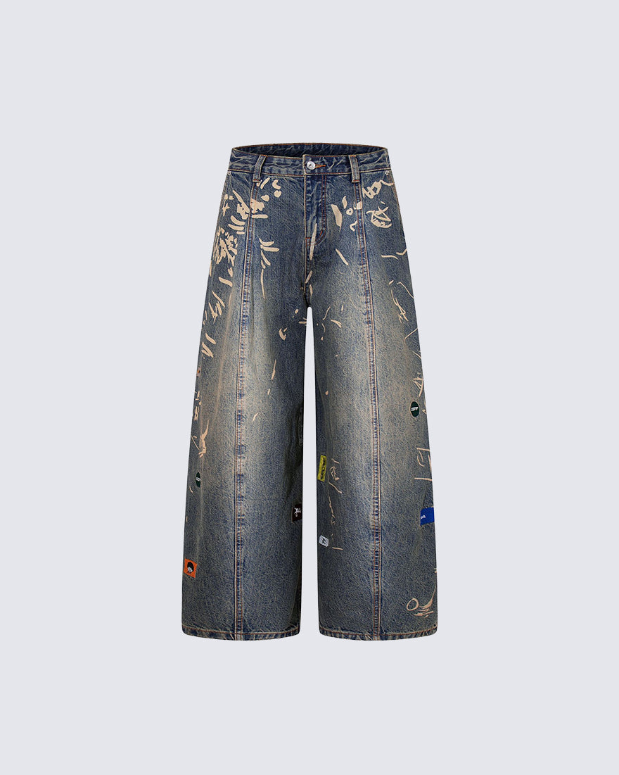 Vintage Graffiti Print Wide Leg Denim Pants New
