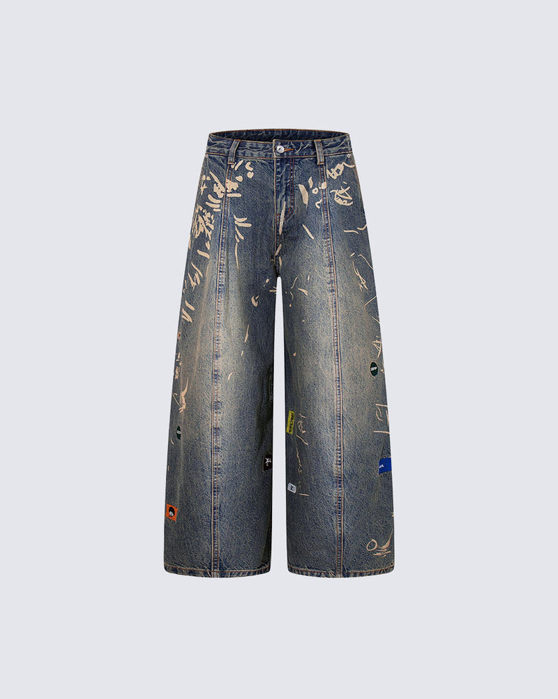 Vintage Graffiti Print Wide Leg Denim Pants New
