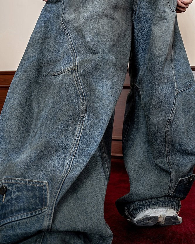 Washed Reverse-Waist Wide-Leg Jeans