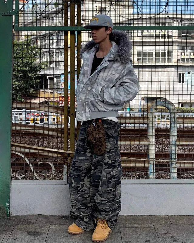 Camouflage Cargo Pants with Fur-Collar Jacket
