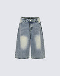 High Street New Rhinestone Washed Wide Denim Shorts