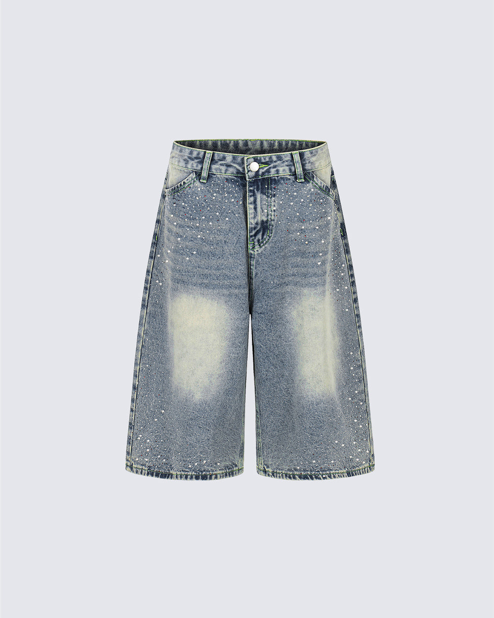 High Street New Rhinestone Washed Wide Denim Shorts