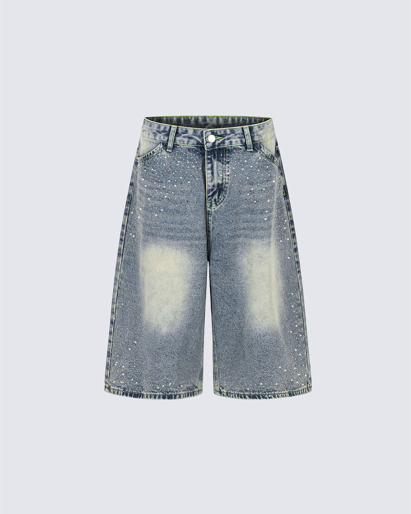 High Street New Rhinestone Washed Wide Denim Shorts