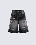 Distressed New Tribal Print Denim Shorts