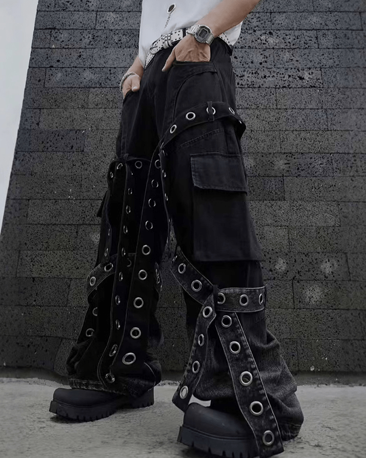 Punk Strap Eyelet Wide-Leg Cargo Pants