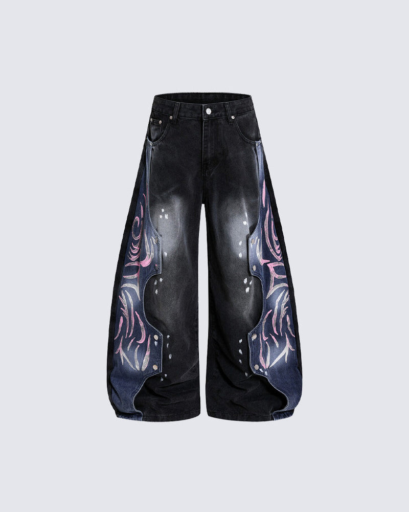 Street-Style Hand-Painted Graffiti Color-Blocked Jeans