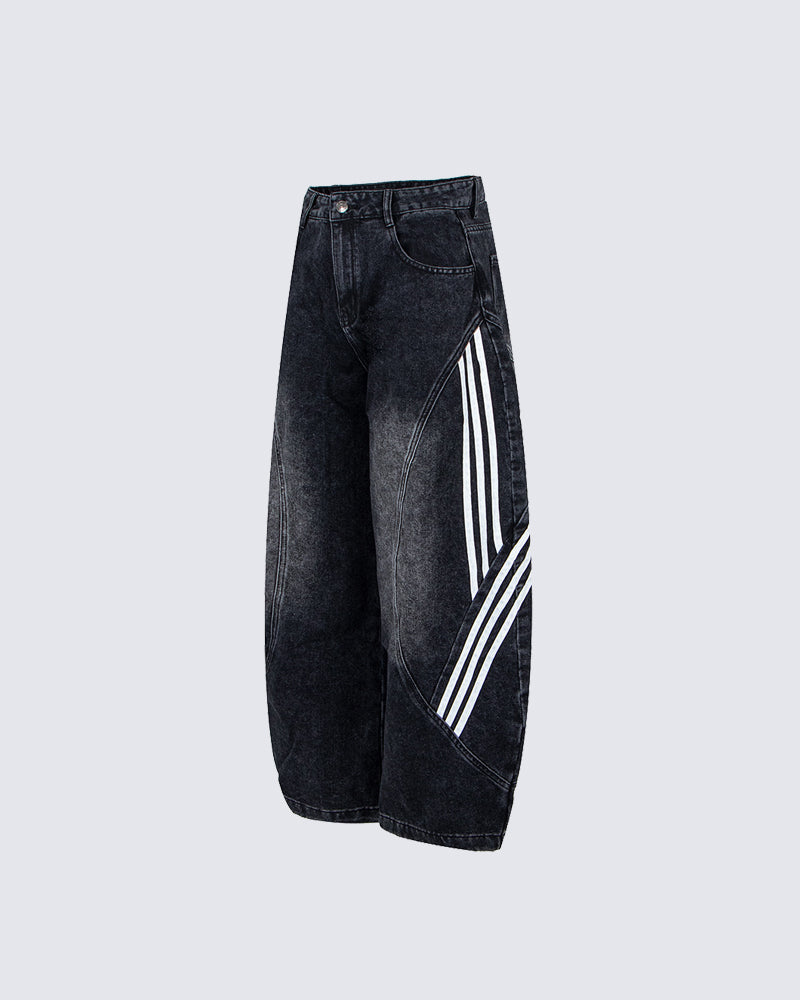 Striped Panel Washed Denim Pants