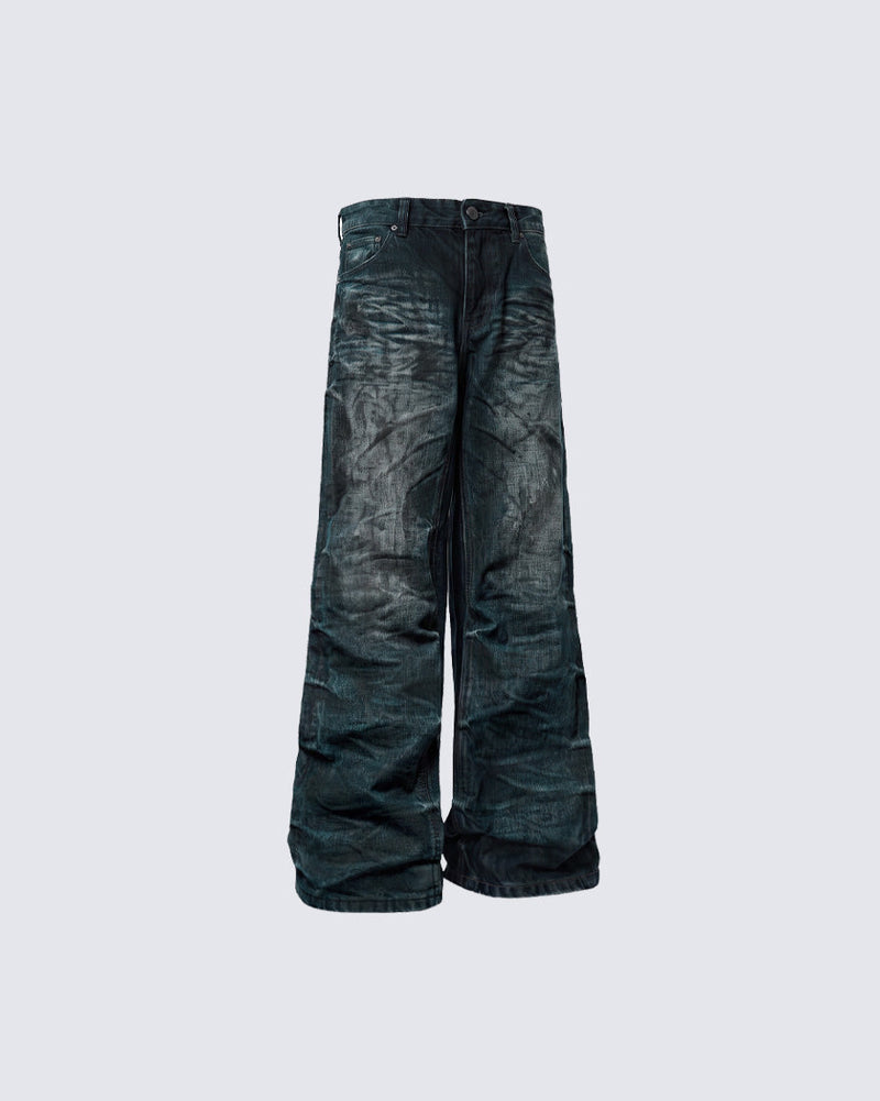 GRYFT Vintage Dirty-Washed Textured Wide-Leg Jeans