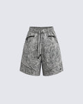 Grey Floral-Texture Utility Drawstring Shorts New