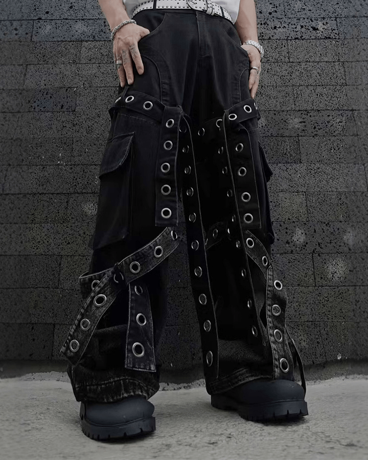Punk Strap Eyelet Wide-Leg Cargo Pants