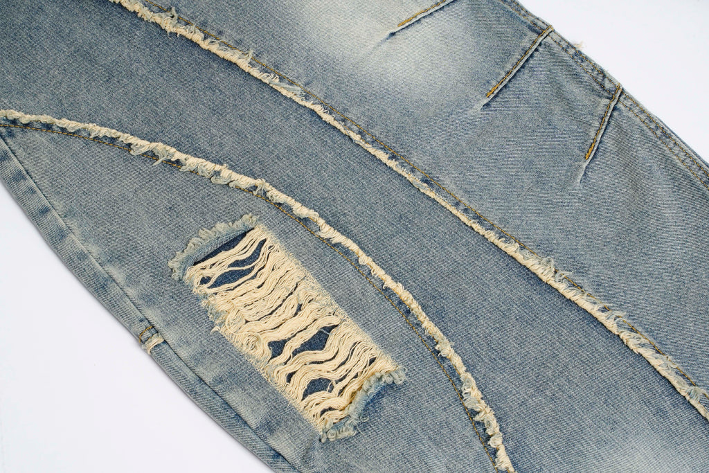 Distressed Wide-Leg Patchwork Jeans
