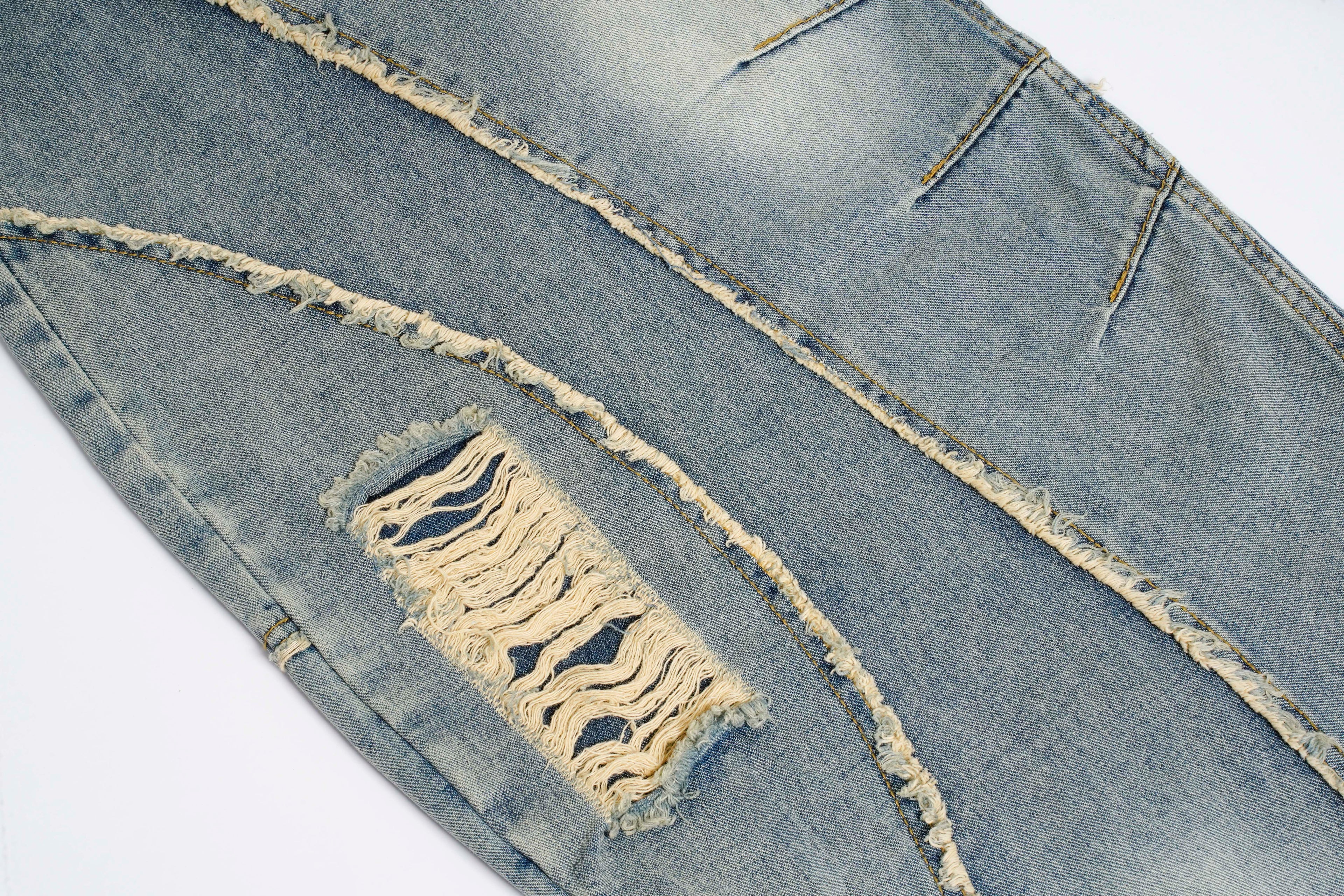 Distressed Wide-Leg Patchwork Jeans