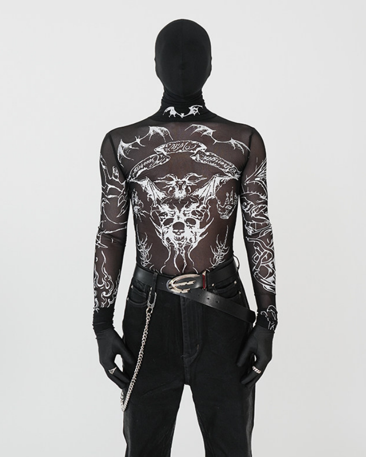 Gothic Mesh Long Sleeve Top with Graphic Print