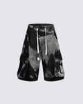 GRYFT Utility Dark-Wash Drawstring Cargo Wide Denim Shorts