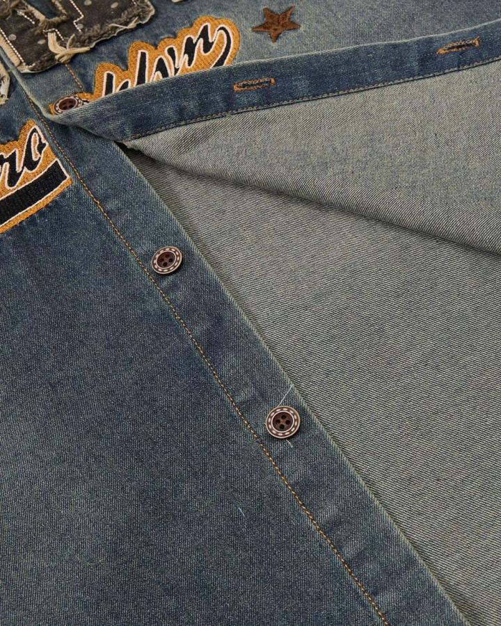 Vintage Distressed Denim Short-Sleeved Shirt