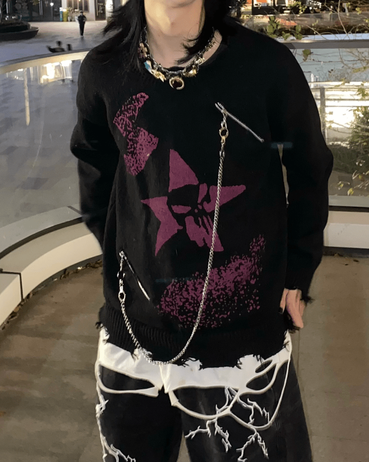 Punk Star Chain Distressed Knit Sweater