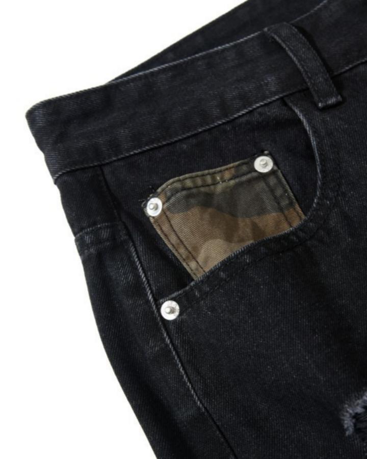 American-Style Ripped Camouflage Faux Two-Piece Denim Capri Pants