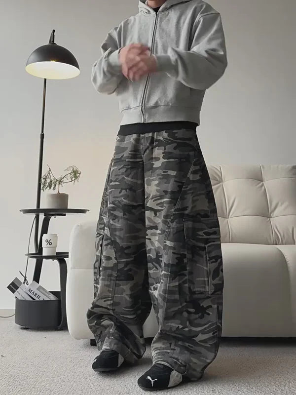 Camouflage Cargo Pants with Fur-Collar Jacket