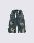 Grunge Drawstring Pocket Distressed Wide Denim Shorts